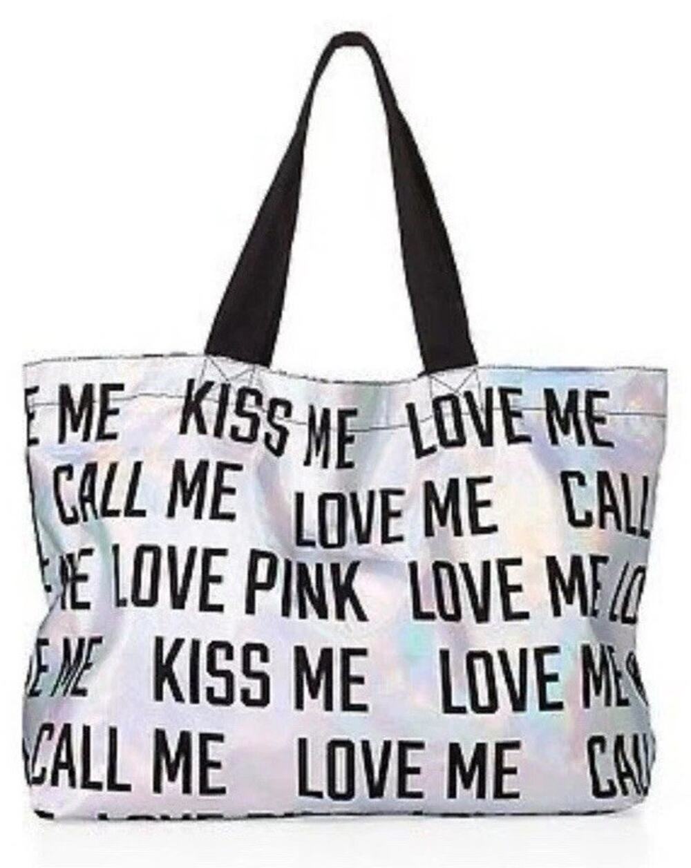 Victoria's Secret PINK Holographic Rainbow Black Tote Beach Carry-All Bag NWT